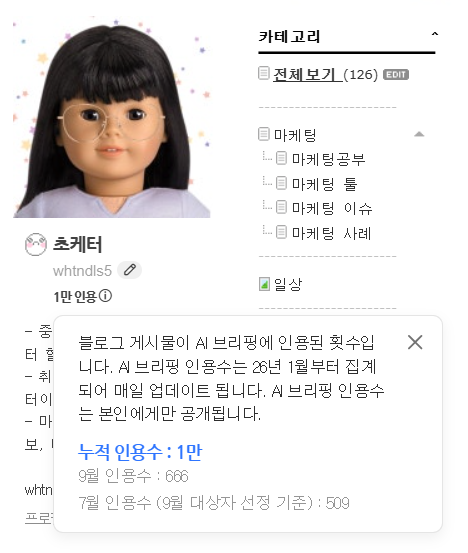 블로그 프로필의 AI 브리핑 인용수 — 누적 1만 (2026.09.18 캡처)